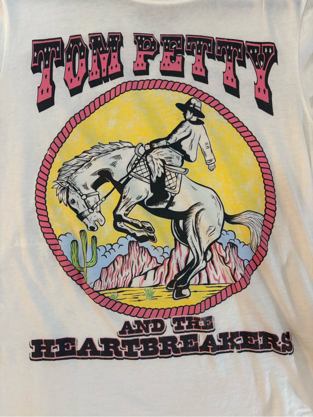 Recycled Karma White Tom Petty Graphic Tee with Pink and Yellow Print- sz S - Picture 2 of 4